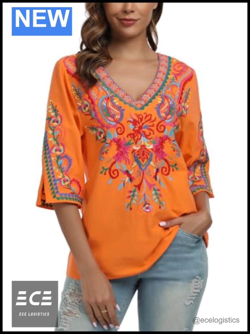 Mexican Boho Floral Embroidered V Neck 3/4 Sleeve Tunic Blouse